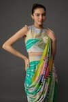 Payal Singhal_Multi Color Crepe Printed Abstract V-neck Pre-draped Pant Saree With Blouse_Online_at_Aza_Fashions