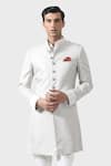 Shop_Raghavendra Rathore Jodhpur_Off White Suiting Floral Opulent Quintessential Short Achkan _Online_at_Aza_Fashions