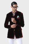 Shop_Raghavendra Rathore Jodhpur_Maroon Velvet Solid Classic Elegance Handmade Bandhgala Jacket _Online_at_Aza_Fashions