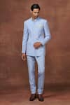 Buy_Raghavendra Rathore Jodhpur_Sky Blue Silk Wool Embroidered Thread Work Cerulean Bandhgala Jacket _at_Aza_Fashions