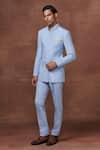 Buy_Raghavendra Rathore Jodhpur_Sky Blue Silk Wool Embroidered Thread Work Cerulean Bandhgala Jacket _Online_at_Aza_Fashions