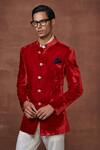 Raghavendra Rathore Jodhpur_Red Silk Velvet Plain Bandhgala_Online_at_Aza_Fashions