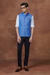 Shop_Raghavendra Rathore Jodhpur_Blue Wool Plain The Asmani Charm Waistcoat _at_Aza_Fashions