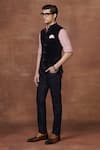 Raghavendra Rathore Jodhpur_Black Textured Velvet Plain Velour Piped Allure Waistcoat _Online_at_Aza_Fashions