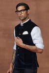 Shop_Raghavendra Rathore Jodhpur_Blue Textured Velvet Plain Epitome Of Elegance A Regal Waistcoat _Online_at_Aza_Fashions