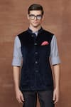 Raghavendra Rathore Jodhpur_Blue Textured Velvet Plain Nocturnal Waistcoat _Online_at_Aza_Fashions