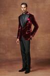 Raghavendra Rathore Jodhpur_Maroon Velvet Plain Regal Velour Tuxedo Jacket_Online_at_Aza_Fashions
