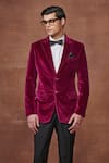 Raghavendra Rathore Jodhpur_Pink Velvet Plain Regal Bordeaux Tuxedo Jacket_Online_at_Aza_Fashions