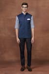 Buy_Raghavendra Rathore Jodhpur_Blue Wool Plain Mandarin Collar Safari Waistcoat _at_Aza_Fashions