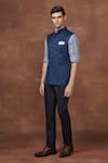 Raghavendra Rathore Jodhpur_Blue Wool Plain Mandarin Collar Safari Waistcoat _Online_at_Aza_Fashions