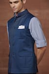 Buy_Raghavendra Rathore Jodhpur_Blue Wool Plain Mandarin Collar Safari Waistcoat _Online_at_Aza_Fashions