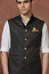 Shop_Raghavendra Rathore Jodhpur_Black Wool Woven Button Down Waistcoat _Online_at_Aza_Fashions