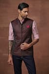 Raghavendra Rathore Jodhpur_Maroon Wool Plain Bordeaux Dual Toned Waistcoat _Online_at_Aza_Fashions