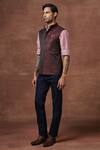 Shop_Raghavendra Rathore Jodhpur_Maroon Wool Plain Bordeaux Dual Toned Waistcoat _Online_at_Aza_Fashions