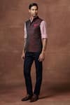 Raghavendra Rathore Jodhpur_Maroon Wool Plain Bordeaux Dual Toned Waistcoat _at_Aza_Fashions