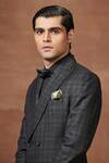 Shop_Raghavendra Rathore Jodhpur_Black Wool Checkered Pattern Double Breasted Tuxedo Jacket _Online_at_Aza_Fashions