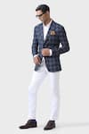 Raghavendra Rathore Jodhpur_Blue Wool Checkered Pattern Lapel Collar Tuxedo Jacket _Online_at_Aza_Fashions