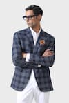 Buy_Raghavendra Rathore Jodhpur_Blue Wool Checkered Pattern Lapel Collar Tuxedo Jacket 