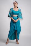 Buy_Harshita Jain_Blue Satin Chiffon Embroidered Sequin Sweetheart Cape Sleeve Blouse And Skirt Set _at_Aza_Fashions