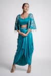 Buy_Harshita Jain_Blue Satin Chiffon Embroidered Sequin Sweetheart Cape Sleeve Blouse And Skirt Set _Online_at_Aza_Fashions