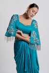 Shop_Harshita Jain_Blue Satin Chiffon Embroidered Sequin Sweetheart Cape Sleeve Blouse And Skirt Set _Online_at_Aza_Fashions