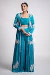 Buy_Harshita Jain_Blue Satin Chiffon Embroidered And Pearl Floral Jacket Sharara Set  _at_Aza_Fashions