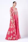 Buy_Harshita Jain_Pink Chiffon Embroidered Sequin V Neck Floral Longline Jacket Sharara Set _at_Aza_Fashions