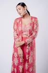 Shop_Harshita Jain_Pink Chiffon Embroidered Sequin V Neck Floral Longline Jacket Sharara Set _Online_at_Aza_Fashions