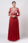 Buy_Harshita Jain_Red Satin Chiffon Hand Embroidery Bead Front Slit Anarkali Pant Set  _at_Aza_Fashions