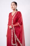 Shop_Harshita Jain_Red Sola Silk Organza Hand Embroidery Bead V Neck Straight Kurta Set  _Online_at_Aza_Fashions