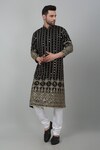 Aham-Vayam_Black Cotton Embroidered Thread Jahanuma Mughal Kurta Set _at_Aza_Fashions