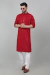 Buy_Aham-Vayam_Red Cotton Embroidered Thread And Sequin Work & Kurta Set _at_Aza_Fashions