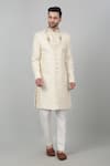 Buy_Aham-Vayam_Ivory Cotton Embroidered Thread Suryamukh Sherwani Set _at_Aza_Fashions