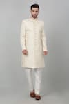 Buy_Aham-Vayam_Ivory Cotton Embroidered Thread Suryamukh Sherwani Set _Online_at_Aza_Fashions