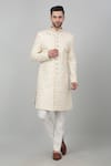 Shop_Aham-Vayam_Ivory Cotton Embroidered Thread Suryamukh Sherwani Set _Online_at_Aza_Fashions