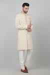 Shop_Aham-Vayam_Ivory Cotton Embroidered Zardozi And Bead Work Floral Sherwani Set _Online_at_Aza_Fashions