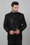 Shop_Aham-Vayam_Black Cotton Velvet Embroidered Thread Nazm Work Bandhgala Set _Online_at_Aza_Fashions