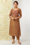 Buy_Tashee_Brown Tissue Embroidered Floral Round Kurta And Pant Set _at_Aza_Fashions