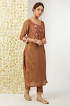 Buy_Tashee_Brown Tissue Embroidered Floral Round Kurta And Pant Set _Online_at_Aza_Fashions