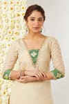 Tashee_Beige Kurta And Pant Tissue Embroidered Floral Blunt V Neck Work Set _at_Aza_Fashions