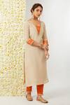 Buy_Tashee_Beige Tissue Embroidered Floral Blunt V Neck Kurta And Pant Set _Online_at_Aza_Fashions
