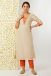 Buy_Tashee_Beige Kurta And Pant Tissue Embroidered Floral Blunt V Neck Set _Online_at_Aza_Fashions