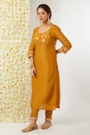 Tashee_Yellow Tissue Embroidered Floral Round Neck Kurta And Pant Set _Online_at_Aza_Fashions