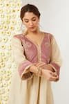 Shop_Tashee_Beige Tissue Embroidered Floral V Neck Kurta And Pant Set _Online_at_Aza_Fashions