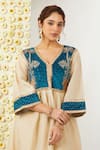 Shop_Tashee_Beige Kurta And Pant Tissue Embroidered Floral V Neck Set _Online_at_Aza_Fashions