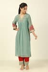 Buy_Tashee_Blue Chanderi Embroidered Floral V-neck Kurta With Pant _Online_at_Aza_Fashions