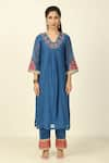 Buy_Tashee_Blue Chanderi Embroidered Floral V-neck Threadwork Kurta With Pant _Online_at_Aza_Fashions