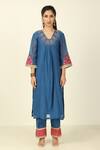 Buy_Tashee_Blue Chanderi Embroidered Floral V-neck Threadwork Kurta Pant Set _Online_at_Aza_Fashions