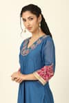 Tashee_Blue Chanderi Embroidered Floral V-neck Threadwork Kurta Pant Set _at_Aza_Fashions