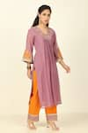 Tashee_Purple Chanderi Embroidered Floral V-neck Threadwork Kurta With Pant _at_Aza_Fashions